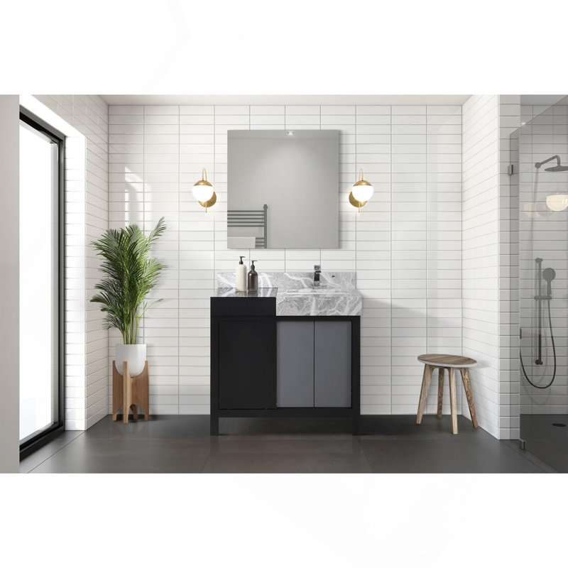 Meuble-lavabo noir et gris 36 po X P 22 po D, plateau en marbre gris château et Miroir