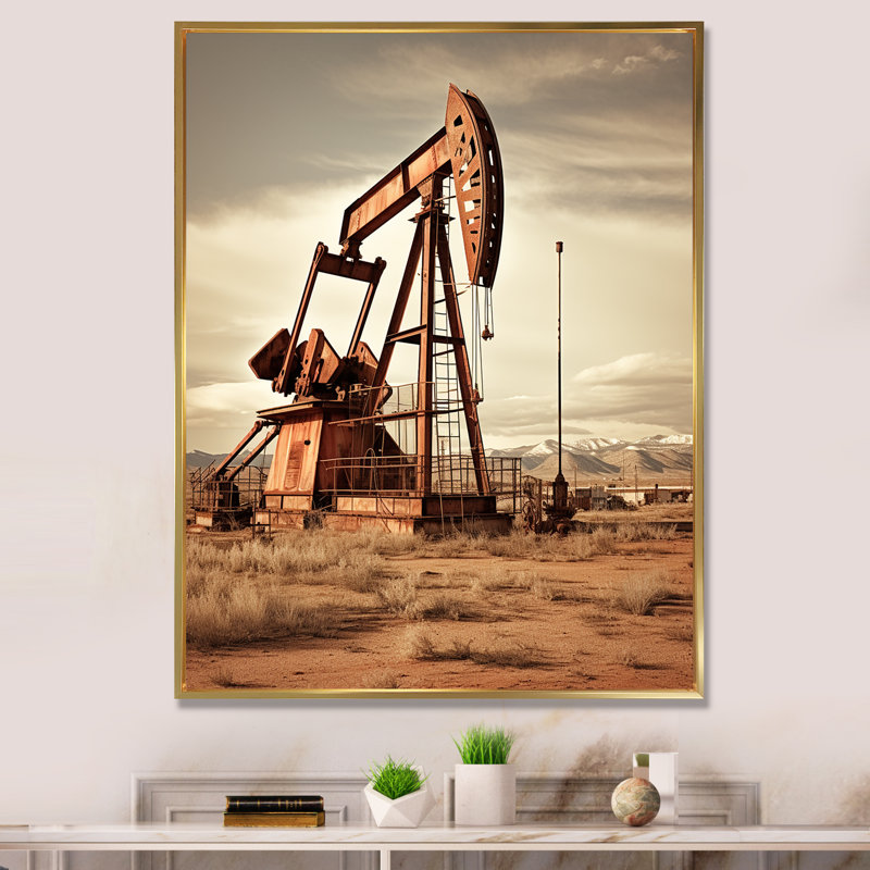 «Modern Sepia Drilling Rig Field», reproduction sur toile, Cadre flottant doré, H 32 po x l 24 po x P 1 po