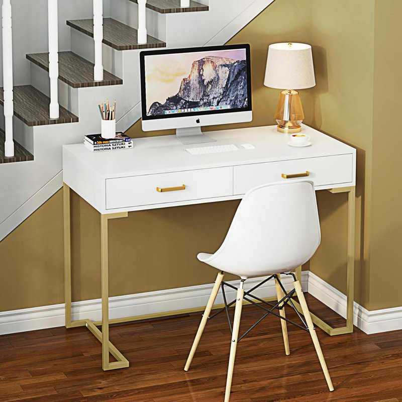 Bureau d'ordinateur avec 2 tiroirs, bureau à domicile moderne, table d'écriture compacte
