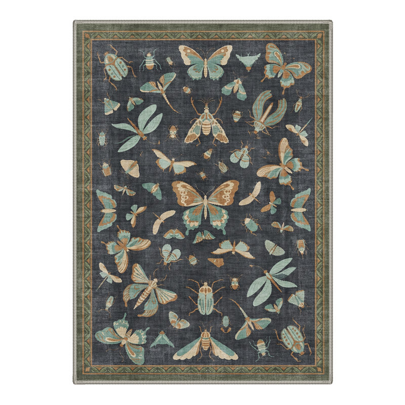 Adonis Elytra Abstract Machine Washable Black / Green Indoor Area Rug with Non-Slip Backing, Rectangle 6' x 9'