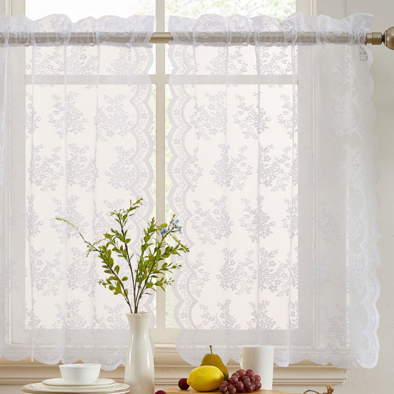 Stefani Floral Rod Pocket Lace Semi Sheer Voile Short Cafe Tiers for Small Windows - Set of 2, 36" L x 28" W, White