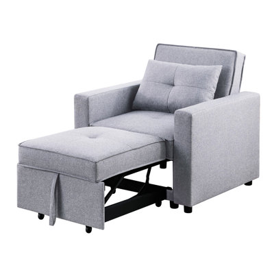 Convertible Sleeper Chair In 32.94" Gray Linen With Side Pocket, Pull - Out 24"W X 46.5"D, Phone Magazine/Tablet Pouch, 1 Pillow, Foam Filled Seats Pocket Coil Springs, 17" Seat Height, 21.5" Depth,