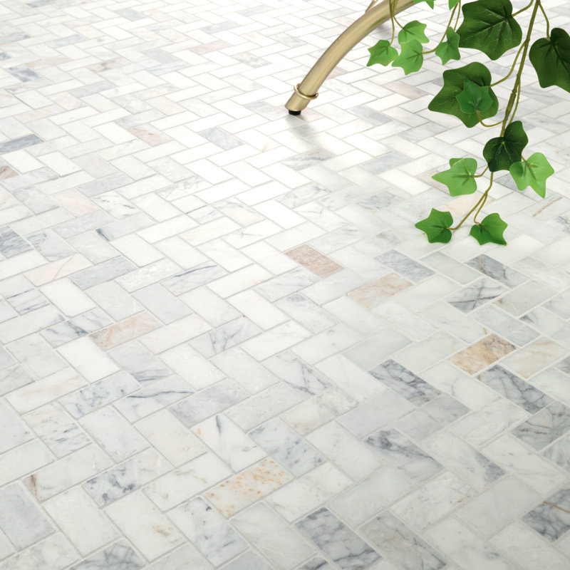 Castella de Blanc Herringbone 12 in. x 12 in. Honed Marble Mosaic Floor and Wall Tile