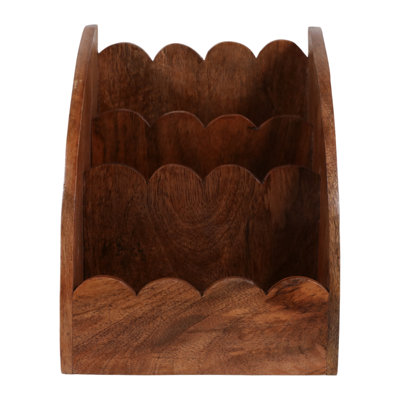 Organiseur de bureau décoratif en bois de manguier à bord festonné pour chambre ou salle de bain - Accessoire de bureau à plusieurs niveaux pour le rangement des tiroirs de cuisine - 28 cm, brun et beige
