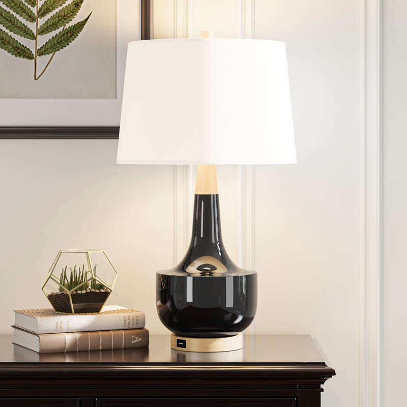 26'' Modern Ceramic And Solid Wood Table Lamp With USB Ports (Black) - MCM Modern Funky Accent Table Lamps For Bedroom Bedside/Nightstand, Living Room & Desk