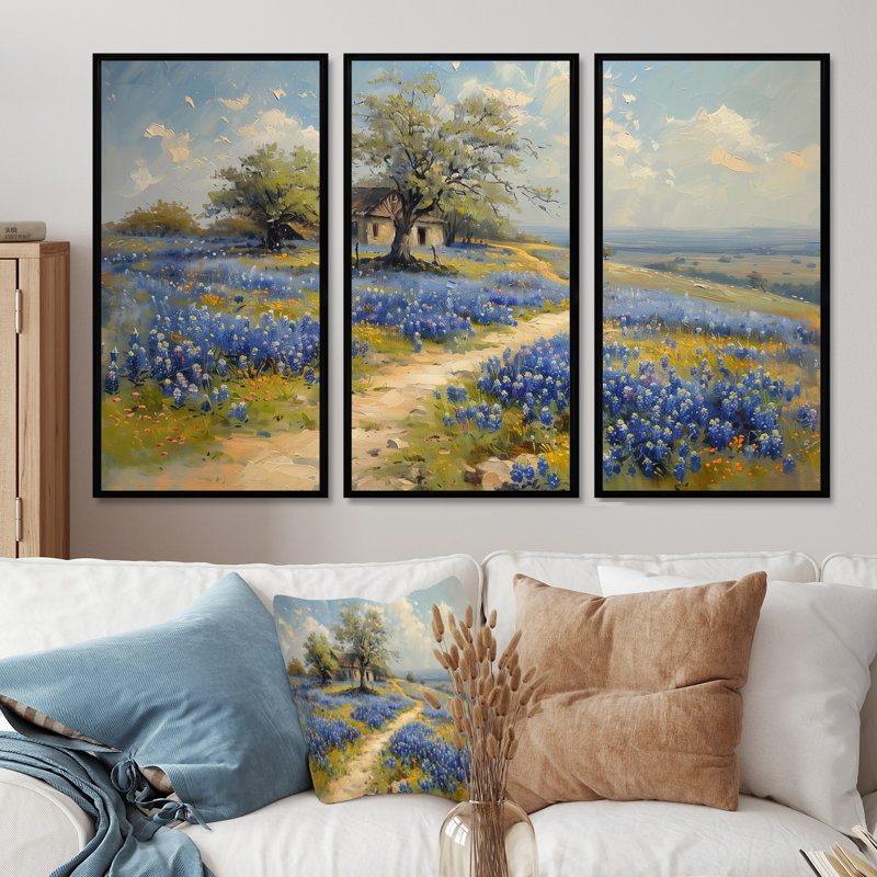 «Blue Green Summer Meadow Charm Blue Bonnets II - Blue Bonnets», ensemble d'art mural, H 28 po x l 36 po, Cadre flottant noir