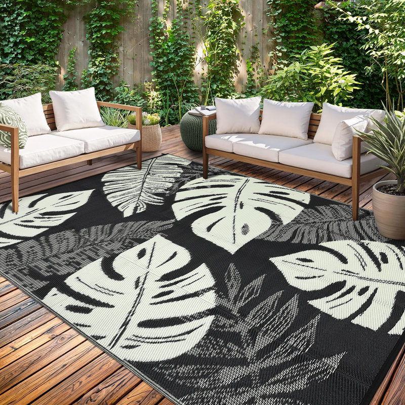 Outdoor Rug Large Plastic Straw Rug, Waterproof Woven Patio Rug, UV-Resistant Reversible Mat, Tropical Leaf Outside Carpet for Backyard, RV