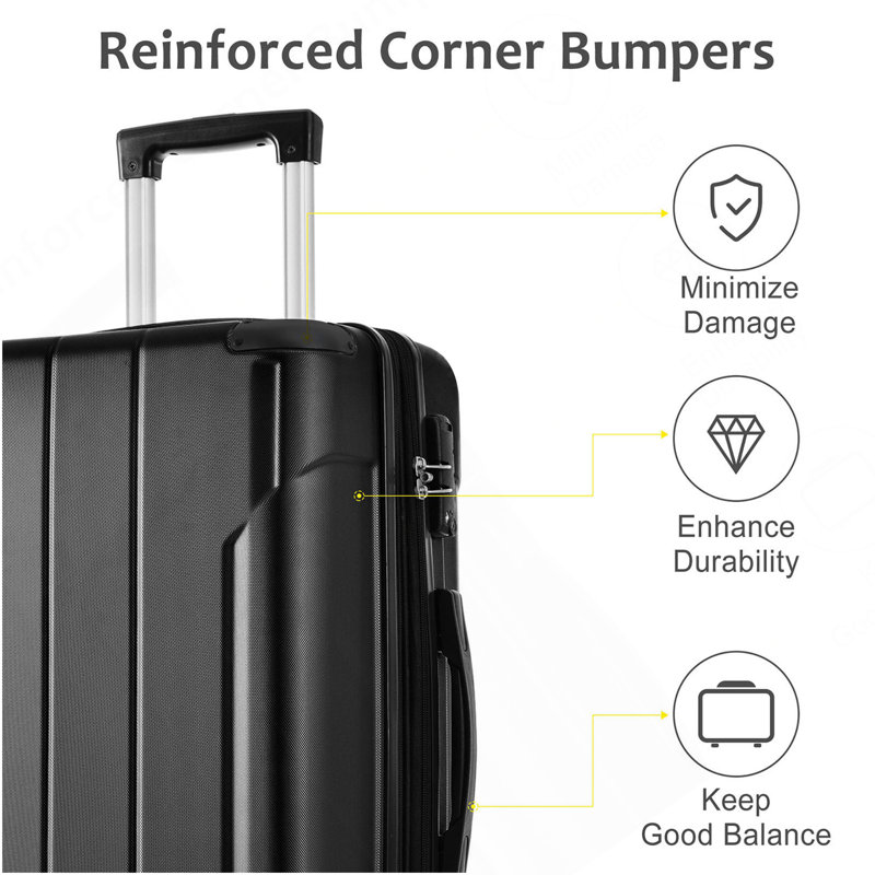 Valise rigide, valises en ABS léger et durable avec roues doubles, bagage à carreaux extensible de 28 pouces (noir)