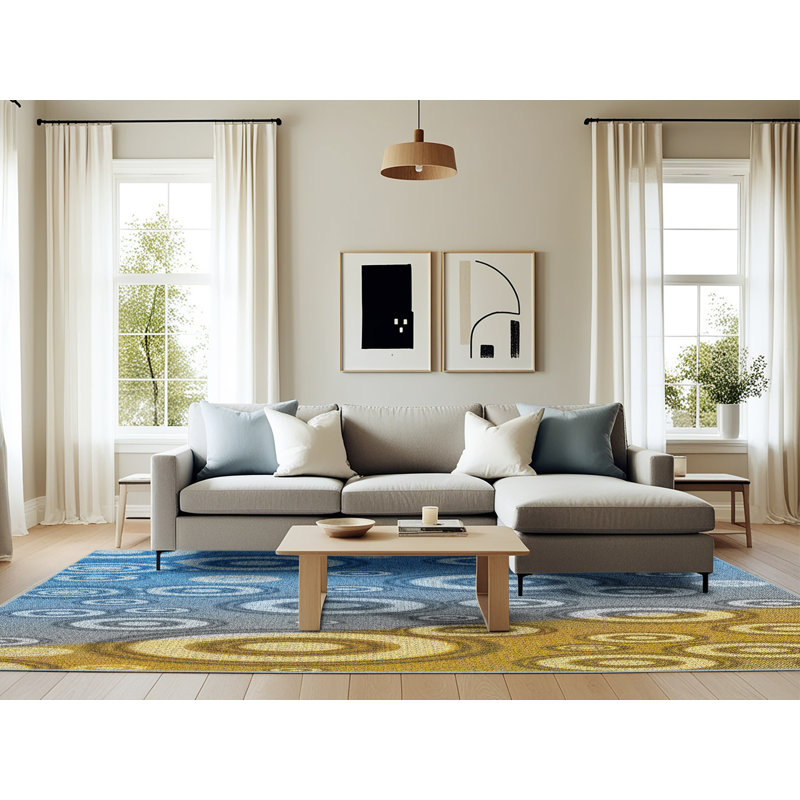 Tapis bleu/jaune tissé à la machine, Rectangle 6 pi x 9 pi