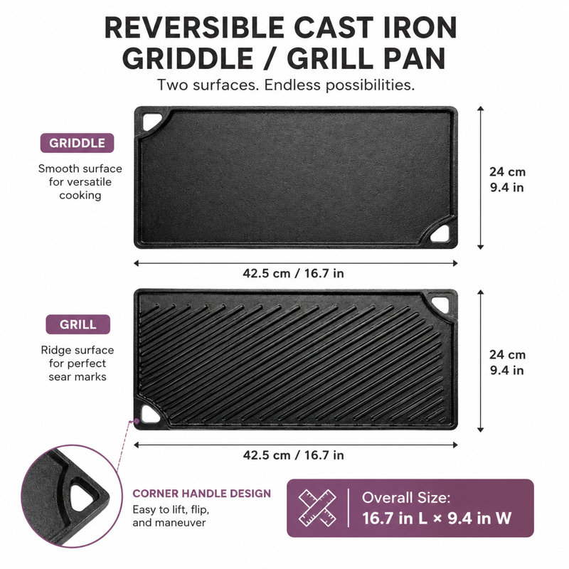 9.4 '' x 16.7 '' Cast Iron Reversible Grill/Griddle Pan For Kitchen Utensils