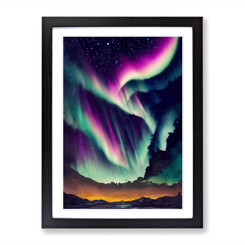Watercolour Aurora Borealis Vol.2 - Single Picture Frame Painting, Black, 64cm H x 46cm W x 2cm D