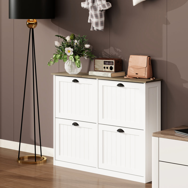 Armoire de rangement pour chaussures - 4 tiroirs rabattables au design moderne blanc pour l'entrée et la ventilation