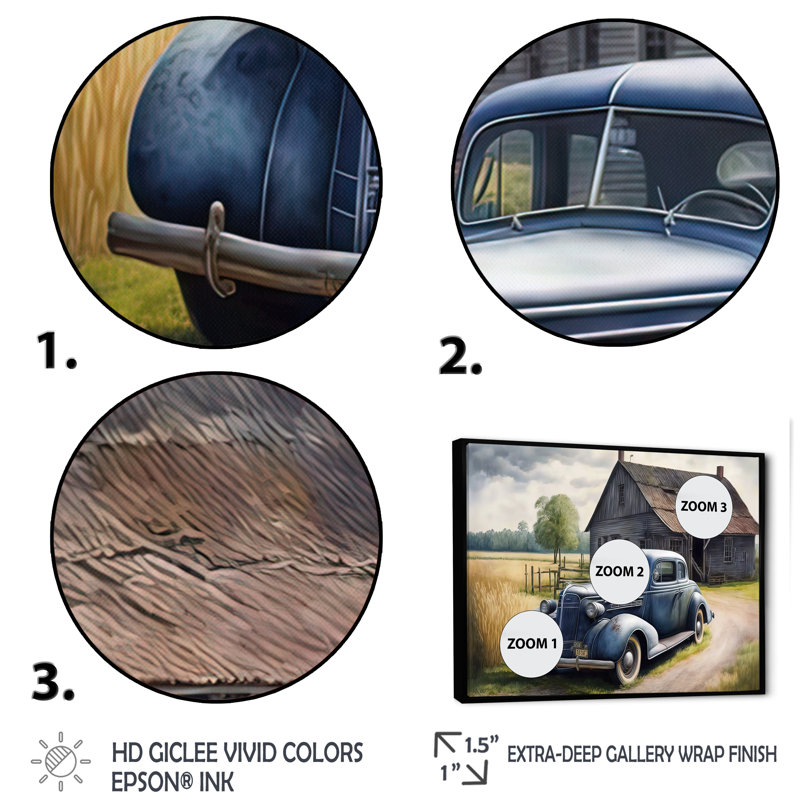 «Old Blue Car at the Barn», reproduction sur toile, H 24 po x l 32 po x P 1 po, Cadre flottant noir
