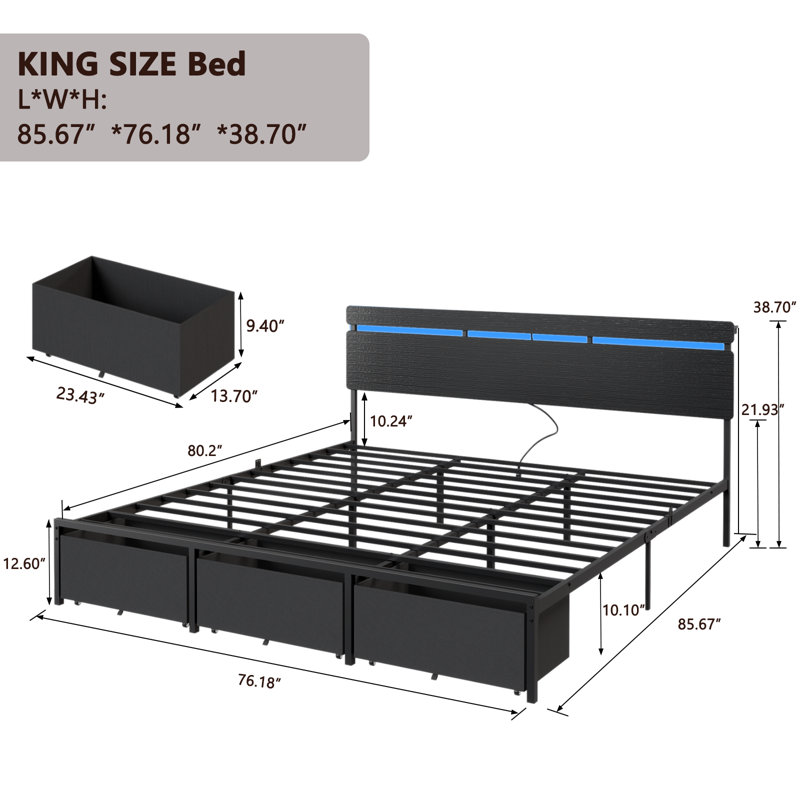 Ensemble de chambre à coucher 3 pièces, Black, King