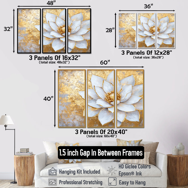 Ensemble de salon Golden Lotus White Dream II - Lotus, H 28 po x l 36 po, Reproduction avec cadre flottant, Argent argent