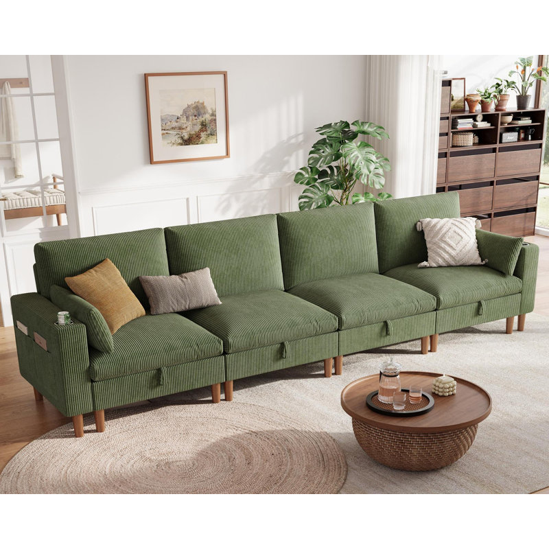Canapé modulaire rembourré avec rangement Shepardson, H 39 po x l 142 po x P 32,3 po, Mila vert