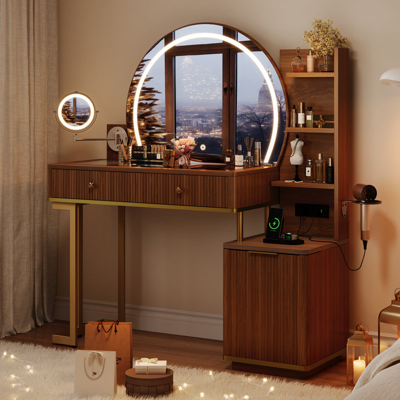 Coiffeuse avec miroir lumineux, miroir grossissant x5, plateau en verre et station de recharge, brun