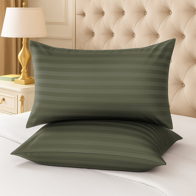 Luxury Microfiber Striped Pillowcases Set of 2 - Soft, Breathable & Wrinkle-Resistant Pillow Covers, Olive Green