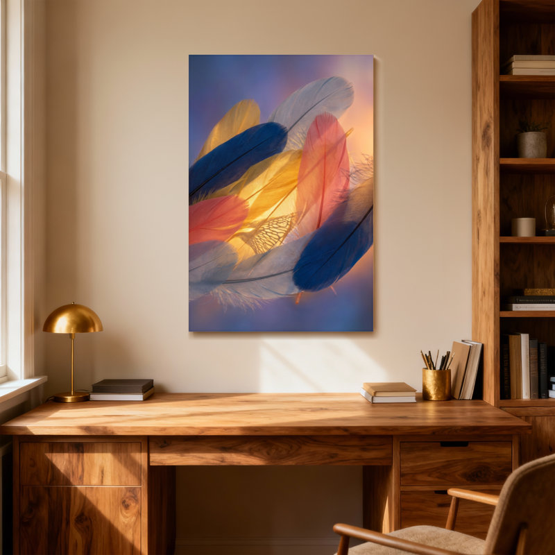 Plantes et fleurs, plumes colorées doucement superposées dans une lumière chaude, H 18 po x l 12 po