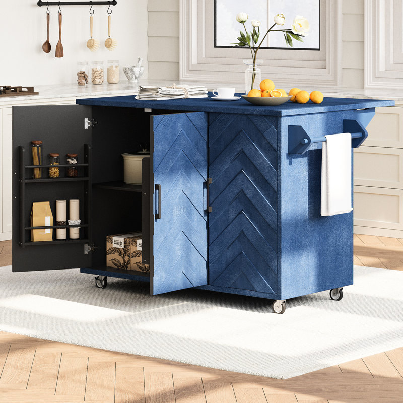 Îlot de cuisine de style moderne avec motif à vagues 3D, placage de frêne, rangement, abattant et fonction mobile (motif bleu marine, option stationnaire)