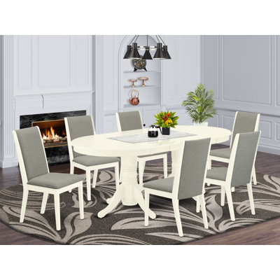 7 Piece Dining Room Furniture Set Consist of an Oval Wooden Table with Butterfly Leaf and 6 Shitake Linen Fabric Parson Chairs, Linen White
