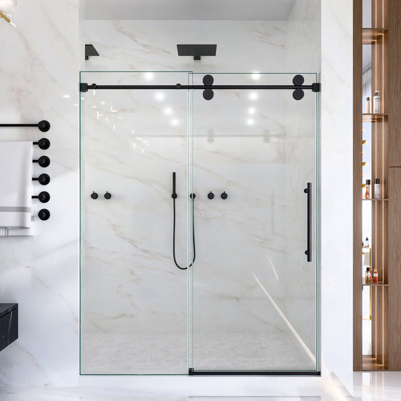 Porte de douche coulissante simple sans cadre de 44 à 48 po x H 76 po - Verre trempé transparent de 5/16 po (8 mm), conception de dérivation avec finition noir mat