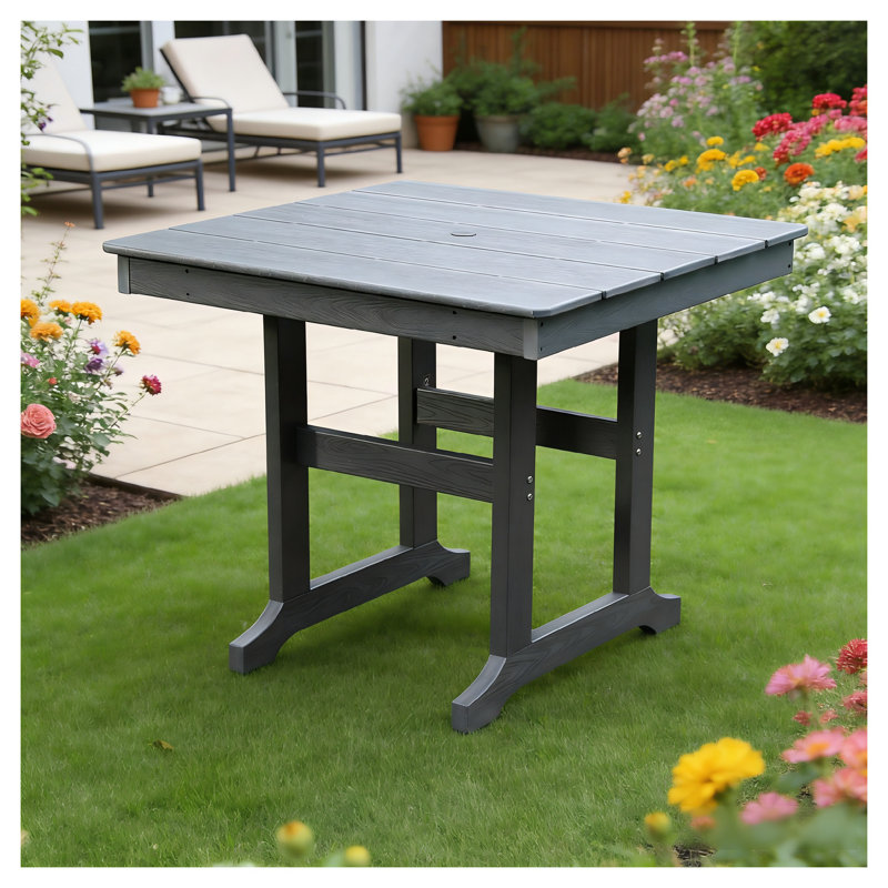 Table de salle à manger carrée moderne en PEHD gris avec trou pour parasol - Mobilier d'extérieur résistant aux intempéries