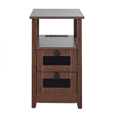 Farmhouse End Table, Narrow Night Stand with USB Ports and Outlets, 4 Tiers End Table Side Table Coffee Table with Storage Cabinet and 2 Drawers, Idea by Lark Manor