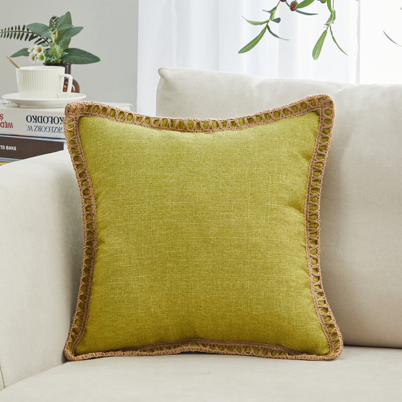 Cotton Linen Fringed Cotton Reversible Pillow Cover, Light Olive