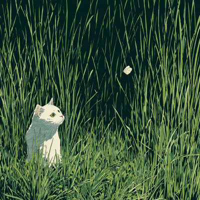 Chat et papillon dans un pré II, art mural sur toile tendue