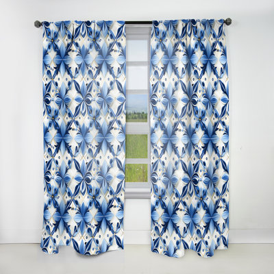 Mikels Blue And White Lattices Floral Tiles I - Modern Velvet Curtain - Room Darkening - 1 Panel