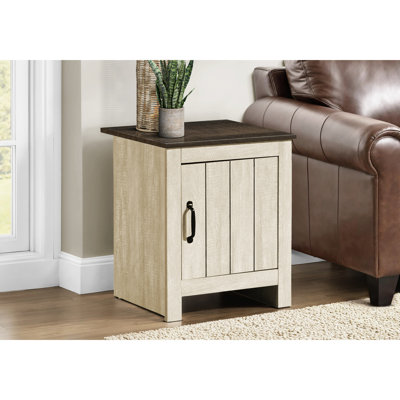 Table d'appoint de 56 cm (22 pouces), design contemporain, base en stratifié beige, plateau en chêne foncé, meuble de rangement, idéale pour la chambre et le salon, facile à nettoyer, matériaux, montage, construction, table de chevet, nettoyage et assemblage