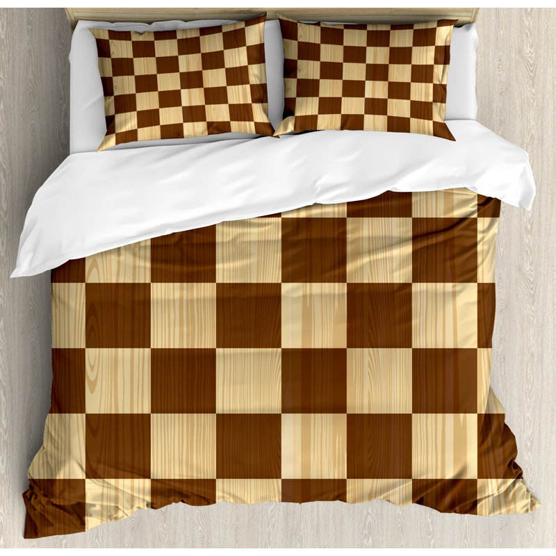 California King Brown Checkered Duvet Cover Set with Pillow Shams