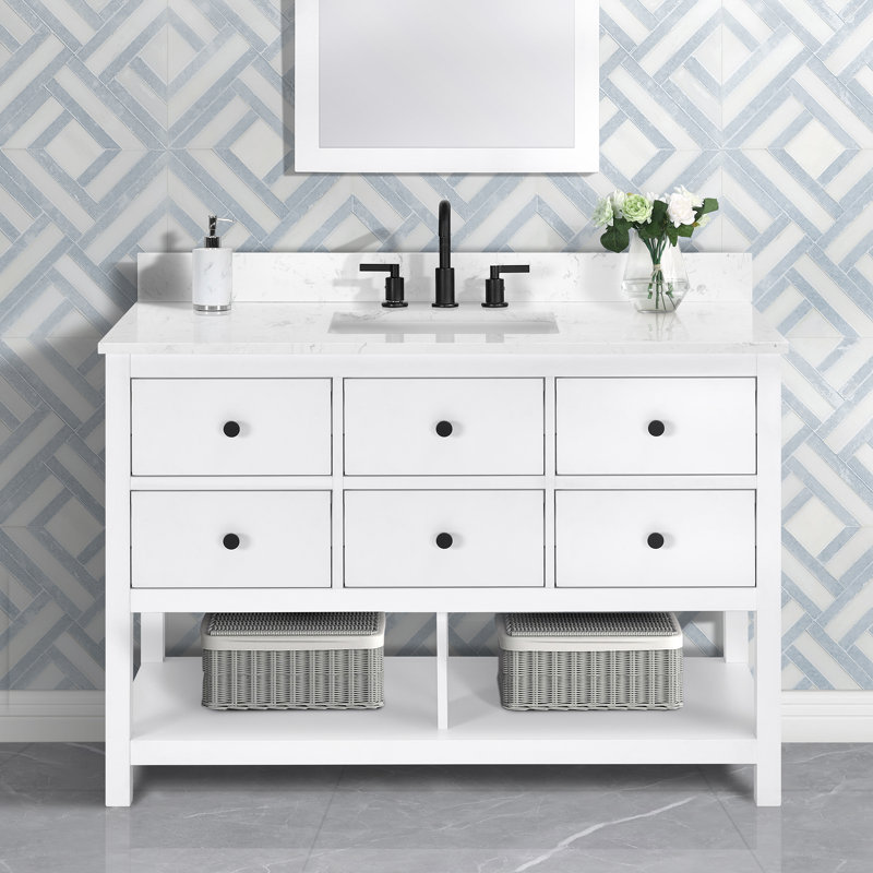 Meuble-lavabo simple 48 po avec comptoir en quartz blanc Carrara, lavabo et dosseret Encino, pré-assemblé, 48"