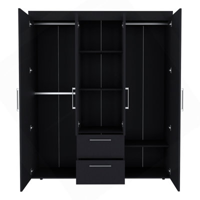 Armoire Bariloche, rangement multi-sections avec tringles de suspension, tablettes et 2 tiroirs noir