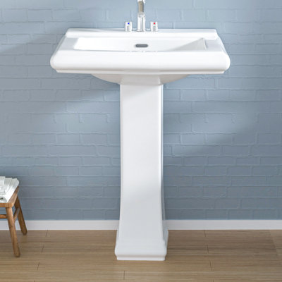 26.5"Tall White Porcelain Rectangular Pedestal Bathroom Sink with Overflow