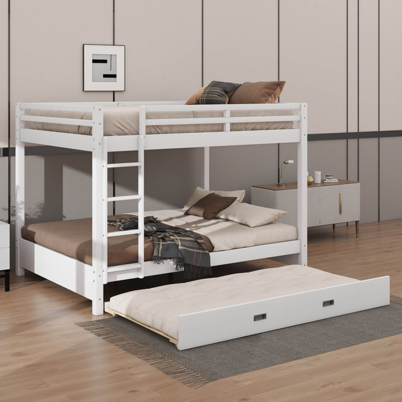 Queen-Over-Queen Rustic-Style Wooden Bunk Bed With Ladder & Pull-Out Trundle Bed, White