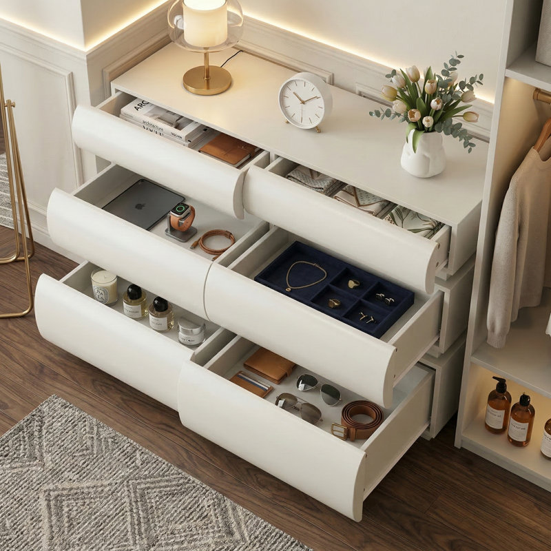 Commode moderne à 6 tiroirs avec poignée sans poignée, large commode de rangement noire pour la chambre à coucher, le salon ou le vestibule
