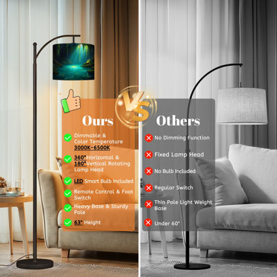 Arc Floor Lamp with Adjustable Lampshade Magical Cave Glowing Water Greenery Standing Lamp 3 Color Temperatures Dimmable Tall Pole Lamp with Foot Switch for Bedroom