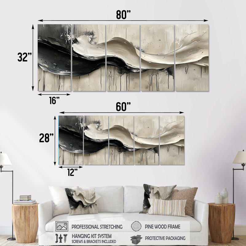 Gris sur fond blanc «Driobus», rivière d'encre III - art mural vagues - art mural moderne sur toile, 5, H 32 po x l 80 po