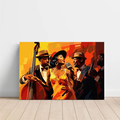 1Pc Framed Canvas Poster Print Jazz band, vintage stage performance, geometric abstract art style Wall Art, Wall Decor, Perfect for Room Decor Living
