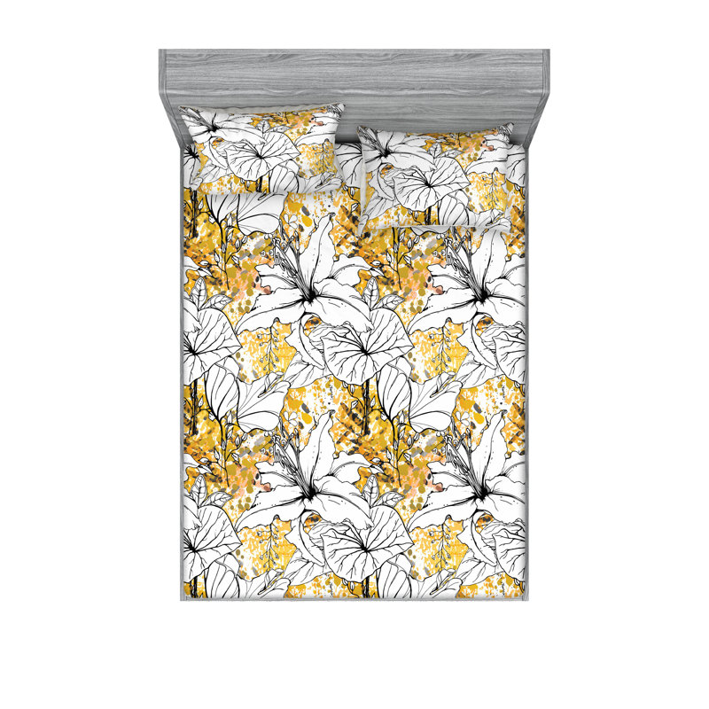 Drap-housse et taies décoratives 3 pièces Ambesonne, Moutarde / blanc / motif floral noir