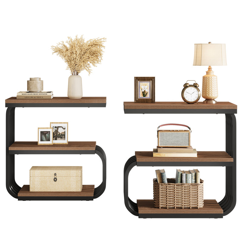 3-Tier Nightstand With Storage, 25.59" C-Shaped Bedside Table For Bedroom, Set Of 2, Brown, Set of 2