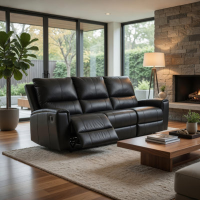 Larry Dual Reclining Sofa with Pull Tab Mechanism, Black Leather 84 Inch