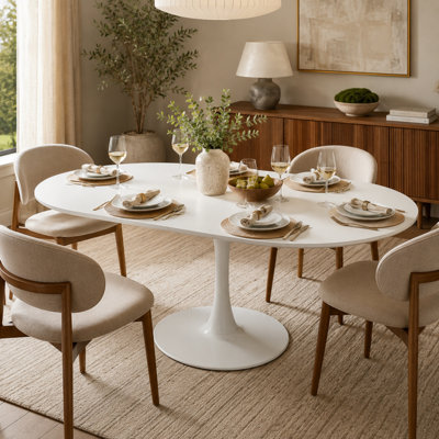Table de salle à manger extensible Vonnie (107-147 cm), ronde ou ovale, pour 4 à 6 personnes, style tulipe moderne, plateau en MDF et piètement en métal.