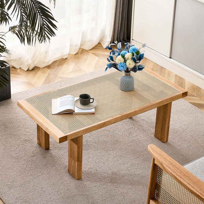 Plateau de table rectangulaire moderne et minimaliste en rotin avec pieds en bois d'hévéa, table d'appoint chinoise imitation rotin tissé