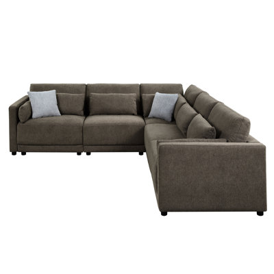 5Pcs Linen Sectional, Pocket Coil Seat, And Comfortable Sectional In Brown Linen, 39"D X 111"W 34"H Size, Spacious