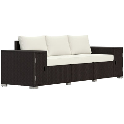 Canapé de jardin en résine tressée, canapé trois places avec rangement pour terrasse ou jardin, blanc crème