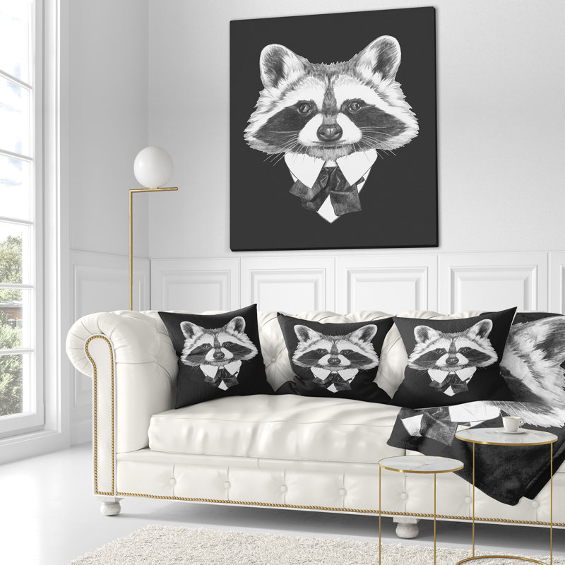 Drôle de raton laveur en costume et cravate - Coussin imprimé animal, 18 po x 18 po, Coussin décoratif