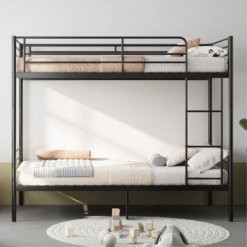 Lit superposé avec échelle et garde-corps haut, 19 traverses de lit, capable de se diviser, lit superposé en métal, espace de rangement, silencieux, lit simple au-dessus d'un lit simple